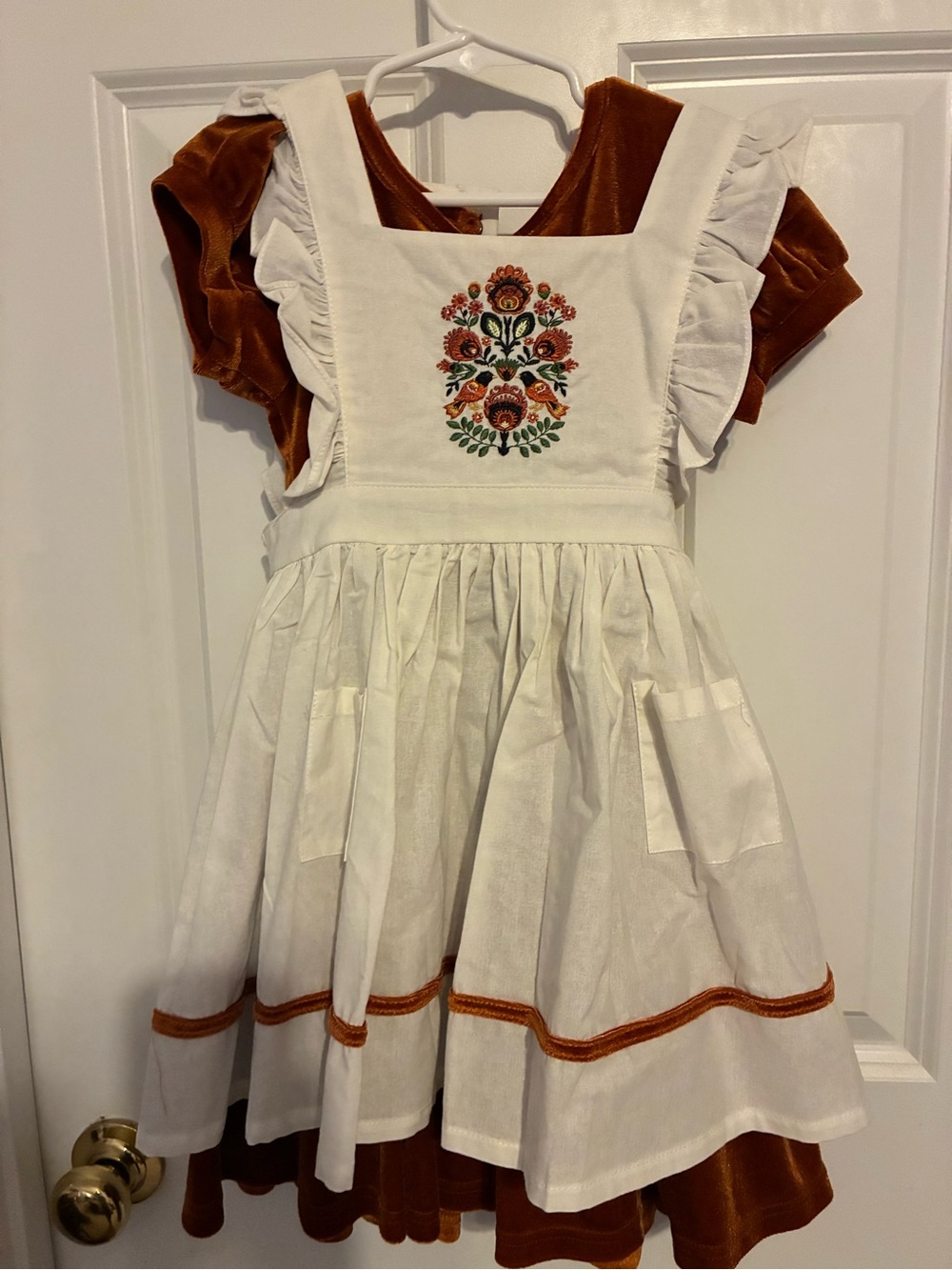 White and Rust Girls' Embroidered Pinafore Dress